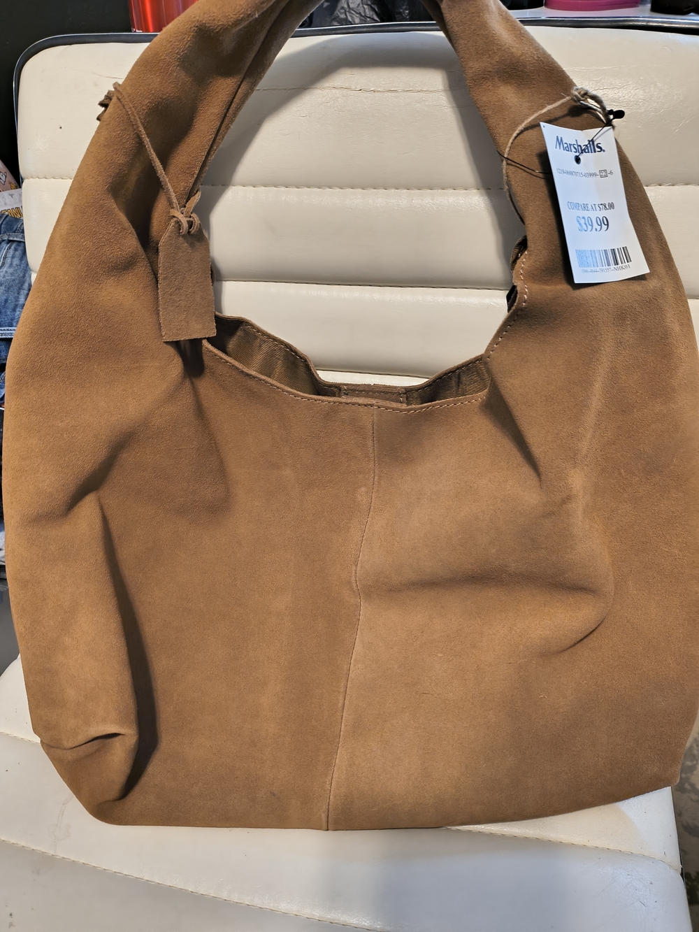 Suede Hobo Tote Bag - Tan